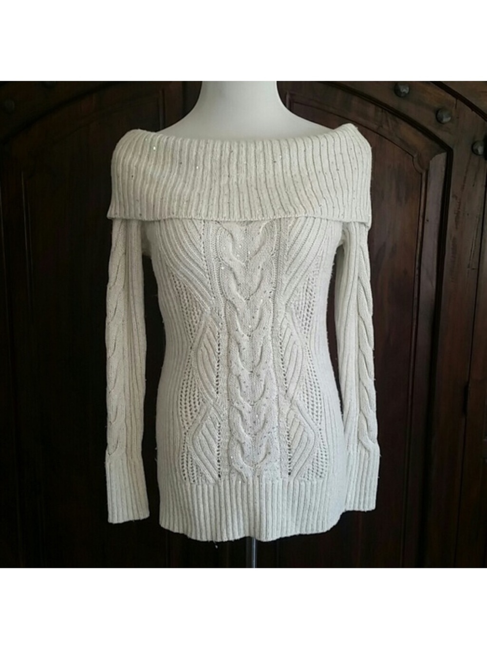White House Black Market Off White Metallic Sequin Cable Knit Sweater Feminine
